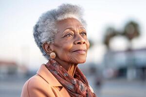 un contemplativo negro mayor mujer clausura ojos en meditación generativo ai foto