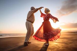 Carefree happy active old senior couple dancing jumping laughing in living room, cheerful retired elder husband holding hand of mature middle aged wife enjoy fun Generative AI photo