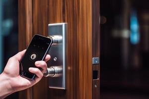 Locking smartlock on the entrance door using a smart phone remotely. Concept of using smart electronic locks with keyless access photo