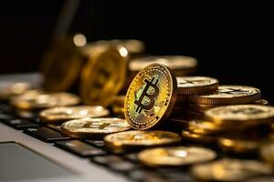 New virtual money concept, Gold Bitcoins is Digital crypto-currency use blockchain Technology for Financial transactions in change the world photo