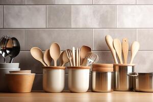 Crockery, tableware, utensils and other different stuff on wooden table-top. Kitchen still life as background for design. Generative AI photo