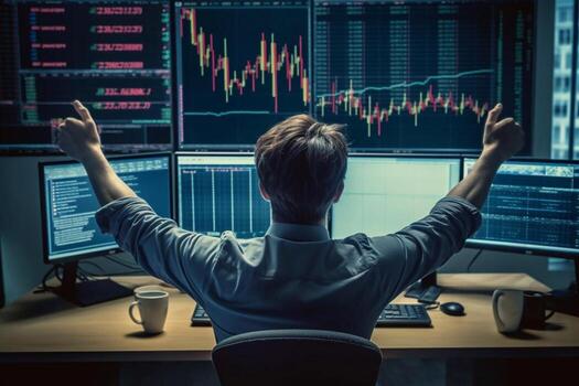 Back view of bearded young businessman woking with graph and charts on computer photo