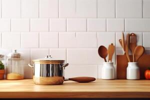 Crockery, tableware, utensils and other different stuff on wooden table-top. Kitchen still life as background for design. Generative AI photo