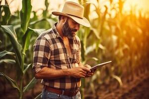 granjero comprobación cosecha en un haba de soja campo y haciendo un notas agrícola concepto generativo ai foto