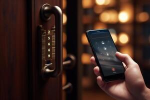 Wood door with smart lock, touch screen keypad and fingerprint, key less access photo