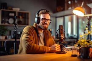 Happy young african american man speaker in eyewear sitting in front of camera, recording educational webinar training at home. Smiling skilled biracial guy introducing for job photo