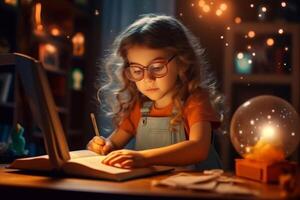 Distant Education. Adorable Little Girl In Headphones Using Laptop In Kitchen, Sitting At Table And Showing Thumb Up At Camera, Female Child Study Online With Computer photo