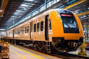 train in motion on the railway station at sunset. Modern intercity passenger train with motion blur effect on the railway platform. Industrial. Railroad and blurred background photo