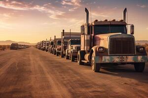 a long traffic jam of many trucks at the border , a long wait for customs checks between States due to the coronavirus epidemic, increased sanitary inspection of cargo transport Generative AI photo