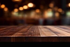 blurred background of bar and dark brown desk space of retro wood photo
