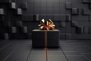 Black gift box with golden ribbon isolated on Black Background. 3d illustration of black gift box with gold ribbon. Generative AI photo