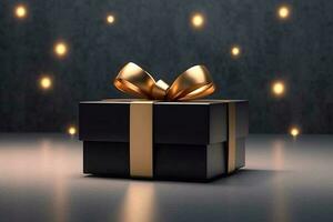 Black gift box with golden ribbon isolated on Black Background. 3d illustration of black gift box with gold ribbon. Generative AI photo