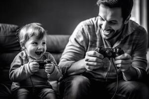 alegre padre y hijo jugando vídeo juego a hogar generativo ai foto