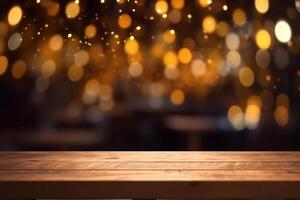 rustic wooden table in front of glitter black and gold bokeh lights photo