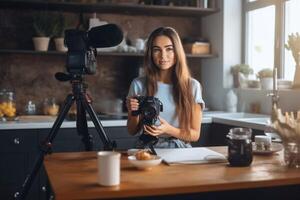 Woman recording a podcast on her laptop computer with headphones and a microscope. Female podcaster making audio podcast from her home studio. Generative AI photo