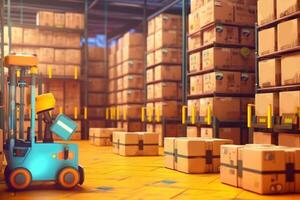 Automated Modern Retail Warehouse AGV Robots Transporting Cardboard Boxes in Distribution Logistics Center. Automated Guided Vehicles Delivering Goods, Generative AI photo