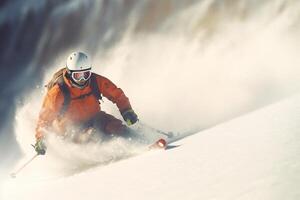 Winter time. Skier and mountains landscape photo