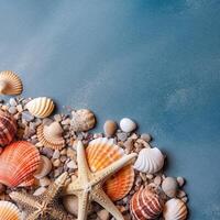 Sea sand with starfish and shells. Top view with copy space. Generative AI photo