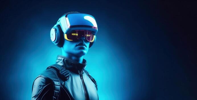 A realistic portrait of a man in neon light wearing a cyberpunk headset and cyberpunk gear. A high-tech futuristic man from the future. The concept of virtual reality and cyberpunk. photo