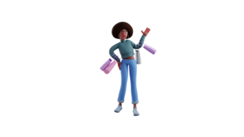 3d ilustración. alegre africano niña 3d dibujos animados personaje. africano niña mira contento que lleva bolso y yendo en algún lugar. atractivo afro muchacha. 3d dibujos animados personaje png