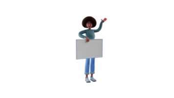 3D illustration. Charming African girl 3D cartoon character. African girls have thick and healthy hair. The beautiful teacher carries a whiteboard and explaining something. 3D cartoon character png
