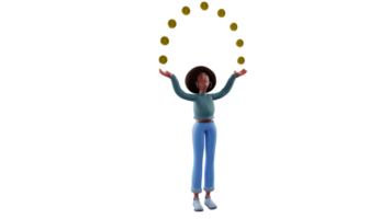 3d ilustración. Rico africano niña 3d dibujos animados personaje. el Rico niña es debajo el volador oro monedas exitoso africano niña levanta su manos arriba. 3d dibujos animados personaje png