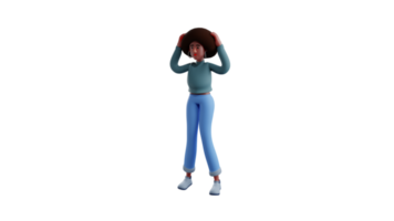 3d illustrazione. confuso giovane ragazza 3d cartone animato carattere. africano ragazza Tenere sua capelli con tutti e due mani. confuso africano ragazza pensiero di qualcosa lei non lo fa comprendere. 3d cartone animato personaggio png