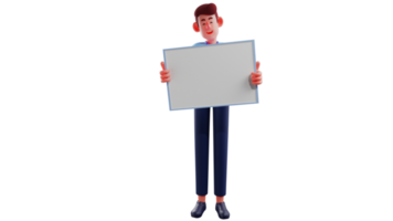 3D illustration. Smart Young Man 3D cartoon character. Young man brought a white board and showed it to everyone. Youth will explain something related to his program. 3D cartoon character png