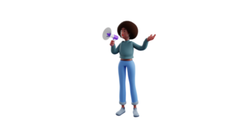 3d ilustração. ativo Faculdade aluna 3d desenho animado personagem. africano menina é fazer a anúncio. fêmea aluna é dando discursos e usando megafones quando Falando. 3d desenho animado personagem png