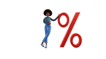 3D illustration. Cool african girl 3D cartoon character. African girl standing and leaning on giant percent symbol. Charming African girl posing very cool. 3D cartoon character png