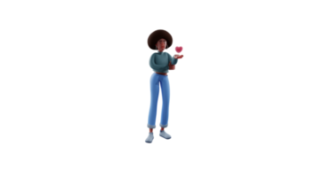 3D illustration. Romantic African Girl 3D cartoon character. Cute girl carrying a love symbol in one of her hands. American girl who smiles sweetly and affectionately. 3D cartoon character png