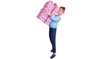 3d ilustración. romántico hombre 3d dibujos animados personaje. hombres llevar gigante regalo cajas envuelto en dólar cuenta papel. joven hombre será reunirse su Novia y dar regalos. 3d dibujos animados personaje png