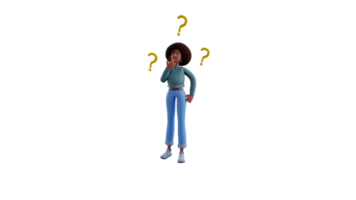 3D illustration. Charming girl 3D cartoon character. African girl stood up and showed a confused expression. African girl looking ahead with lots of question marks around her. 3D cartoon character png