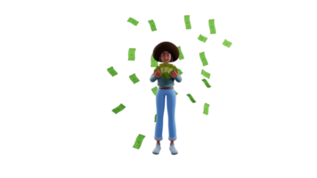 3D illustration. Successful Business woman 3D cartoon character. Successful African girl holding a lot of money. The American business woman has a lot of money lying around. 3D cartoon character png