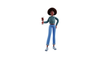 3D illustration. Attractive African girl 3d cartoon character. African girl is coming to a party. African girl carrying a glass of wine while enjoying the party she attended. 3D cartoon character png