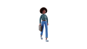 3D illustration. Diligent American girl 3D cartoon character. Office worker go to work. American girl carrying a black suitcase. African girl who is hard working. 3D cartoon character png