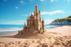 Sandcastle beach on bright sky. 3d rendering photo