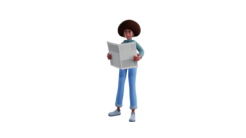 3D illustration. Beautiful girl 3D cartoon character. African girl is reading something in the newspaper. The African girl spreads the newspaper she just bought. 3D cartoon character png