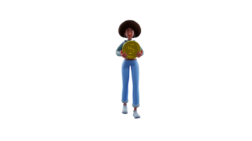 3d ilustração. legal senhora patrão 3d desenho animado personagem. a lindo patrão é segurando uma ouro moeda dentro dela posse. africano mulher quem é a patrão do uma empresa. 3d desenho animado personagem png