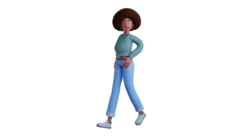 3D illustration. Adorable Afro girl 3D cartoon character. African girl in walking pose. African girl will go to an event and wear blue clothes. Afro girl with voluminous hair. 3D cartoon character png