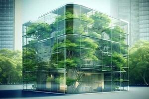 Sustainble green building. Eco-friendly building. Sustainable glass office building with tree for reducing carbon dioxide. Office with green environment. Corporate building reduce CO2. Generative AI photo