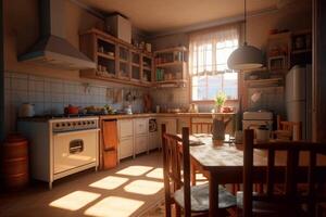 Beautiful kitchen interior with served dining table Generative AI photo