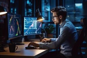 Young male trader at office work concept sitting looking aside cheerful Generative AI photo