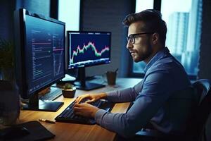 Young male trader at office work concept sitting looking aside cheerful Generative AI photo