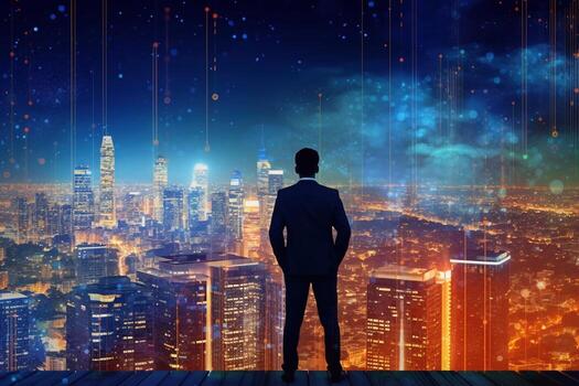 Rear view of businessman looking at city panorama photo