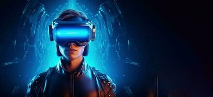 A realistic portrait of a man in neon light wearing a cyberpunk headset and cyberpunk gear. A high-tech futuristic man from the future. The concept of virtual reality and cyberpunk. photo