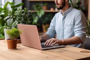 Young man works at a computer in the office. Freelancer working from a laptop. Business, education concept. Generative AI photo