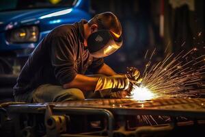 Welder on steel structure in factory photo