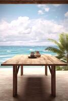 Wooden bamboo sunbeds on old wood ,beautiful beach and sea scenery background Generative AI photo