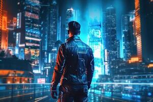 hoodie thief cyber hacker on city cyber future.Hacking and malware concept. Hacker code digital interface. Hooded Hacker Breaks into Government Data Servers and Infects photo